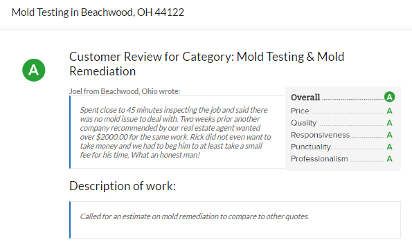 Beachwood Mold Inspection Customer Review