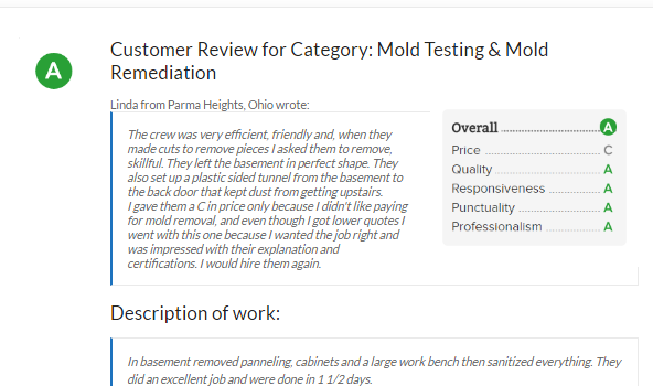 Parma Heights Mold Inspection & Mold Removal Customer Review