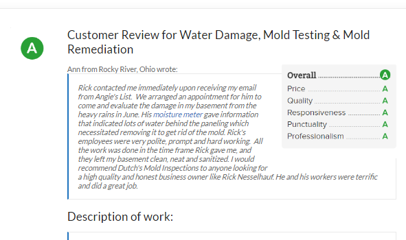 Rocky River Mold Inspection and Basement Clean-Up Customer Review